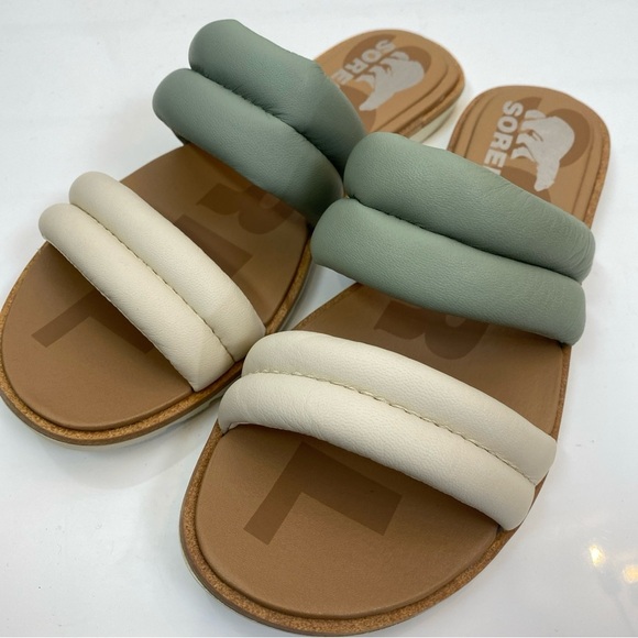 Sorel Ella II Puffer Slide Sandals Black Flat Sole Leather Cream & Green Size 6 - Picture 2 of 11